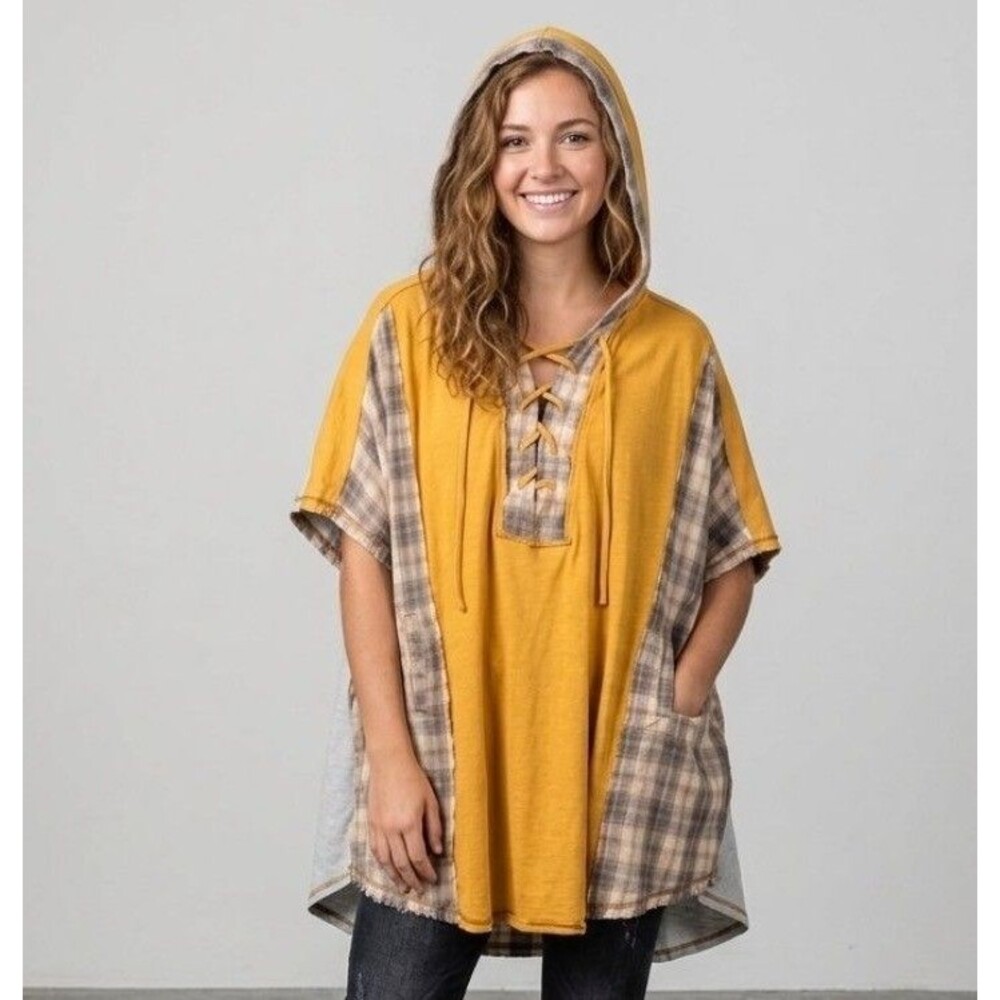 Oli & Hali Hoodie Poncho Cape Mustard Yellow Plaid Patchwork Lace Up One Size